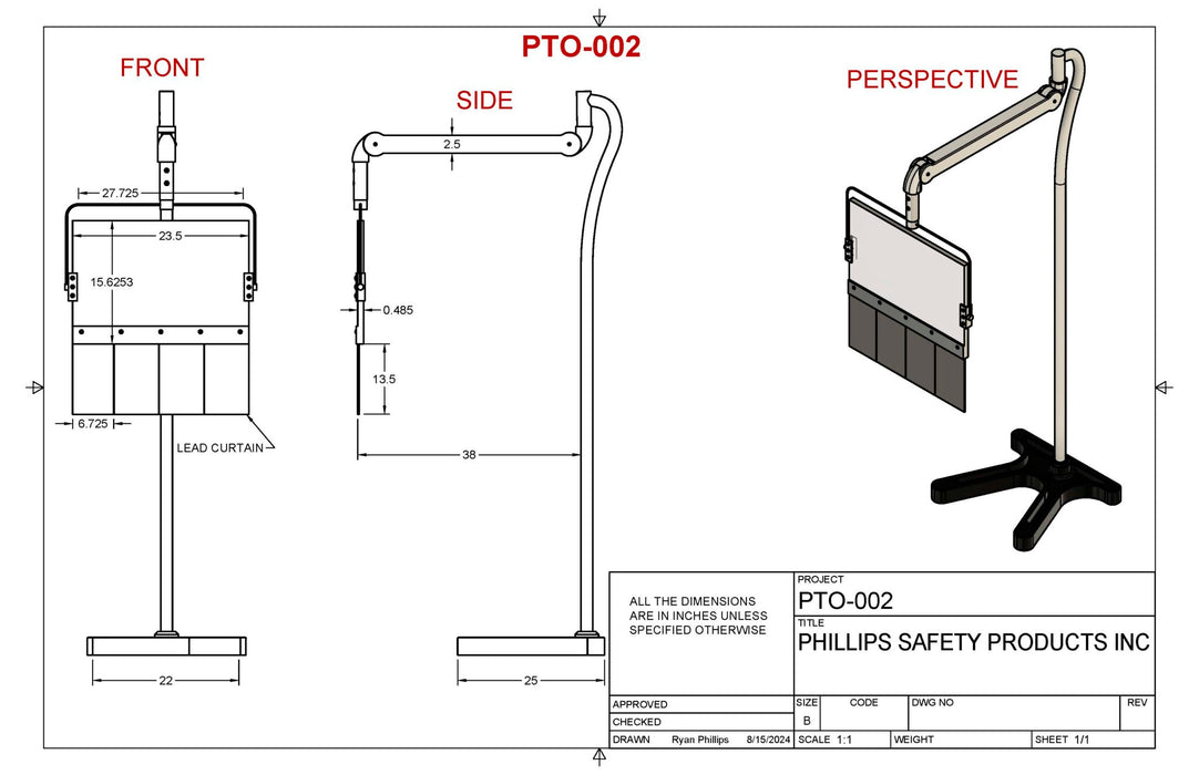 Square Arm Overhead Lead Acrylic Mobile Barrier with Lead Curtain
